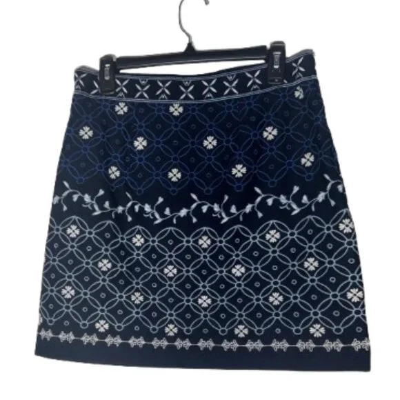 Loft Navy White Embroidered Lined Mini Skirt Classic Chic Size 8 - Picture 3 of 8